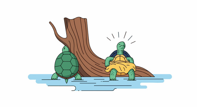Two turtles beside a tree stump, one peeking, the other wearing a yellow blanket, appearing stressed