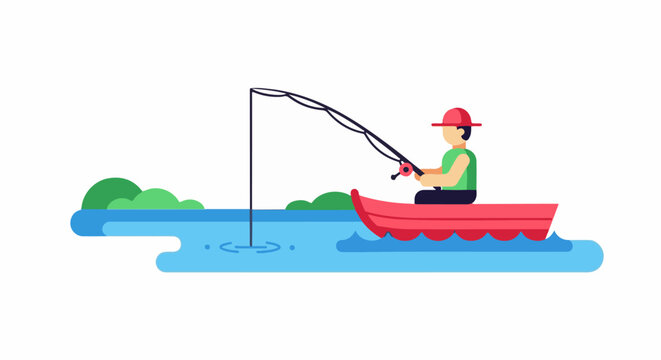 A person in a boat fishes on a serene body of water, with lush green hills in the background