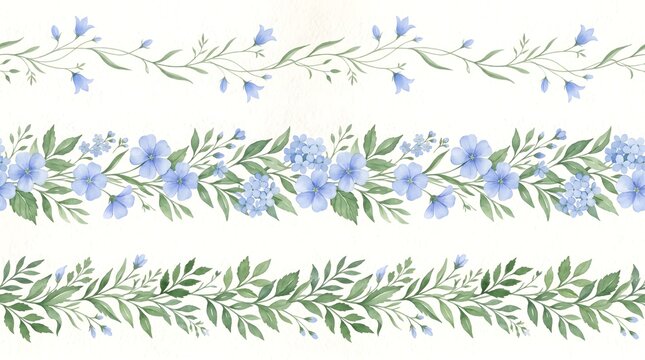  Watercolor Blue Flower Borders and Foliage Garlands, Hand Painted Floral Seamless Ribbon Designs