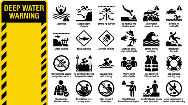 Visual guide to water safety signs and symbols for swimming pools and beaches