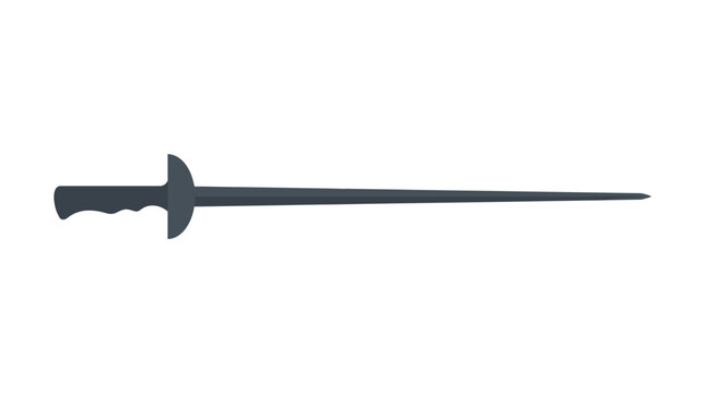 A modern rapier sword with a dark grey blade and a black grip isolated on a white background, symbolizing combat and fencing