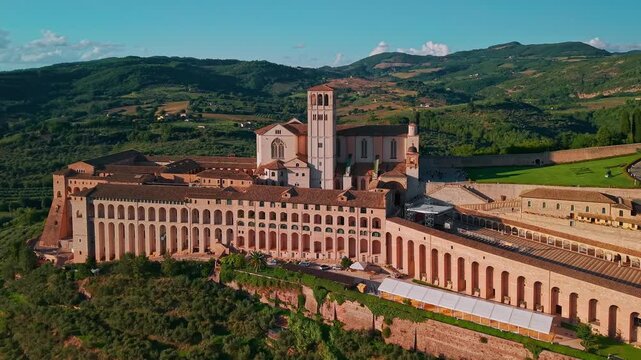 Aerial view of historic Assisi and Basilica of Saint Francis