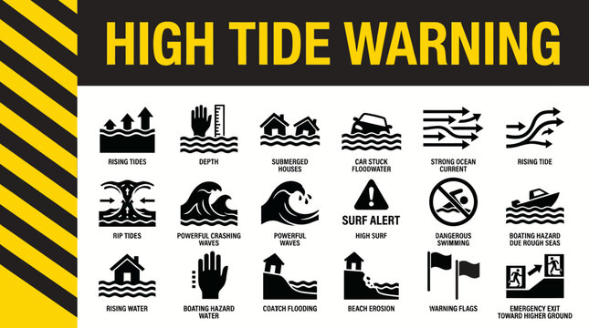 Coastal Hazard Alert Icons Tidal Surge, Rip Currents, and Beach Safety Symbols