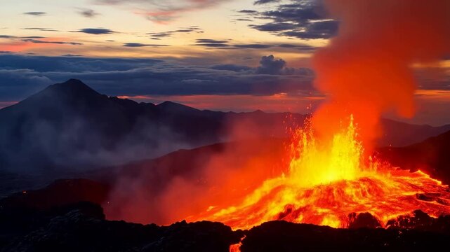 A volcanic eruption at dusk with bright lava flows and ash plume against a mountainous landscape