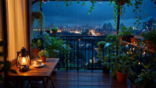Cozy balcony with potted plants and lantern overlooking a cityscape at night during rain
