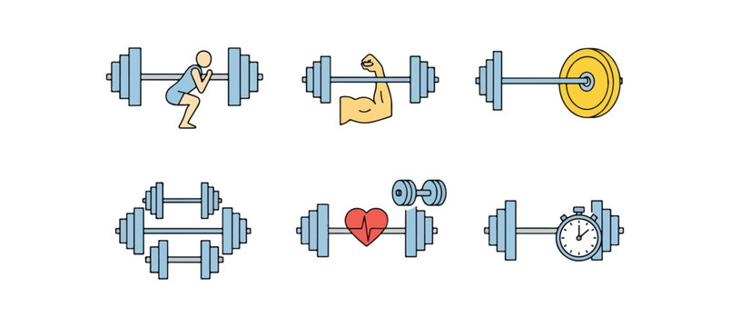 Fitness activities gym equipment workout illustrations