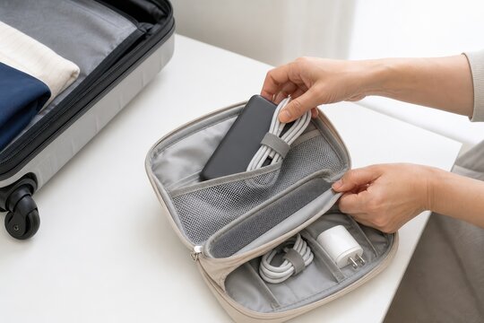 充電ケーブルをポーチにまとめる旅行準備