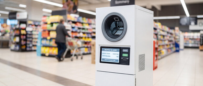 Reverse vending machine for bottle recycling in supermarket aisle promoting deposit refunds and sustainability