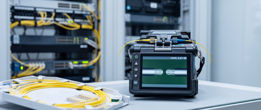 Fiber optic fusion splicer on a workbench with coiled yellow patch cables beside server racks