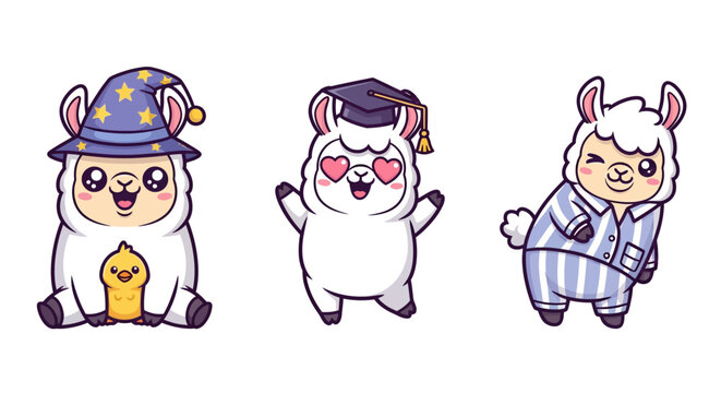 Cute Cartoon Llamas in Different Costumes and Outfits.