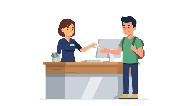 Friendly receptionist handing a key card to a young male guest with a backpack at a hotel check-in counter