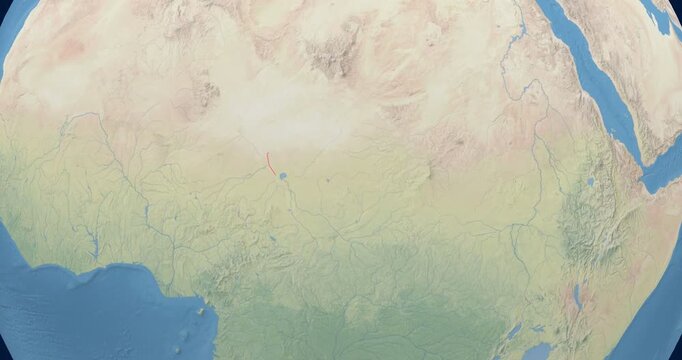 Chad on Globe. Zoom into the country with Earth spinning on dark background. Physical world map with Chad and label on it. Country view animation.