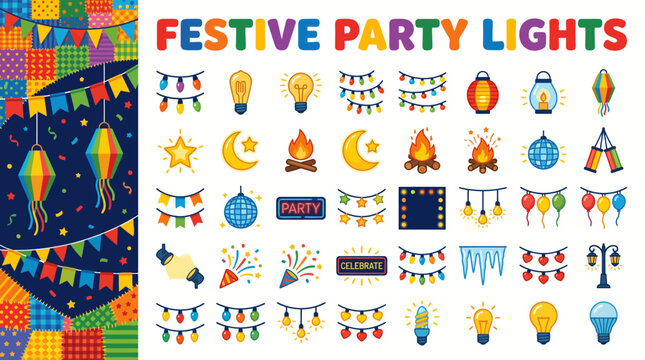 Vibrant collection of festive party lights and decorations for celebrations and events