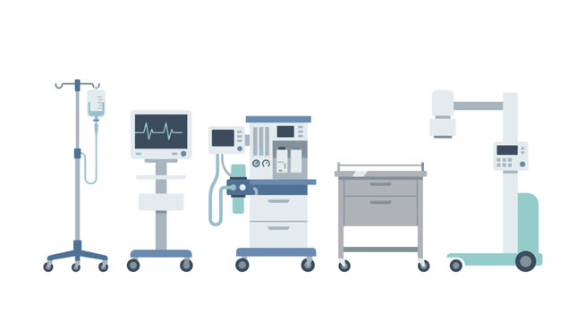 Collection of modern medical equipment including an IV drip stand, vital signs monitor, anesthesia machine, medical cart, and an X-ray machine on a white background