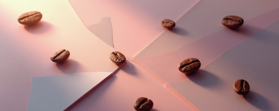 Brown coffee beans scattered on abstract pastel pink paper layers. Minimalist arrangement creates clean background for food design or cafe ads. Simple, modern aesthetic.