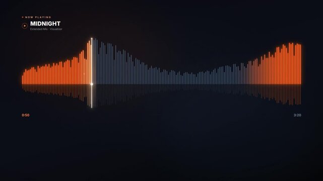 Horizontal audio waveform music player animating with playhead sweeping across dark interface