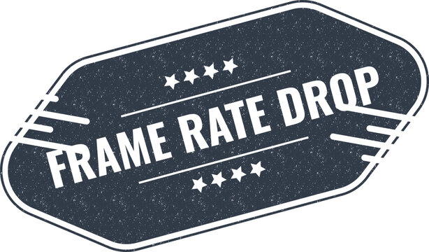 Modern dark blue stamp sticker design featuring frame rate drop text alert for digital video technology