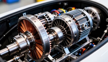 Fototapeta premium The eVTOL air taxi's engine features intricate metal components, emphasizing air mobility technology. This air taxi engine showcases advanced engineering with efficient power transfer and design.
