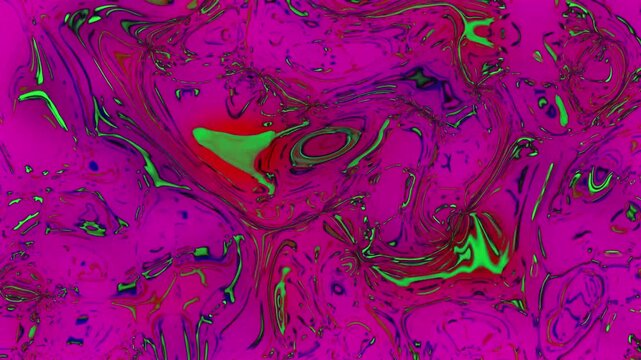 Vibrant Amorphous Swirls: An abstract composition of vibrant pink and electric green liquid paints, creating mesmerizing, fluid patterns and organic shapes.
