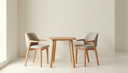 Fototapeta premium Modern wooden table and chairs set in light neutral tones. Minimalist dining furniture with upholstered seats. Clean contemporary interior space.