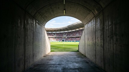 Fototapeta premium View from a concrete tunnel entrance leading to a vibrant football stadium filled with spectators under a clear blue sky during a match day