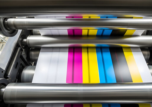 Industrial Offset Printing Press Running CMYK Color Roll | Commercial Newspaper and Magazine Printing Process | High Speed Digital Web Printing Press Machinery | Professional Color Calibration 