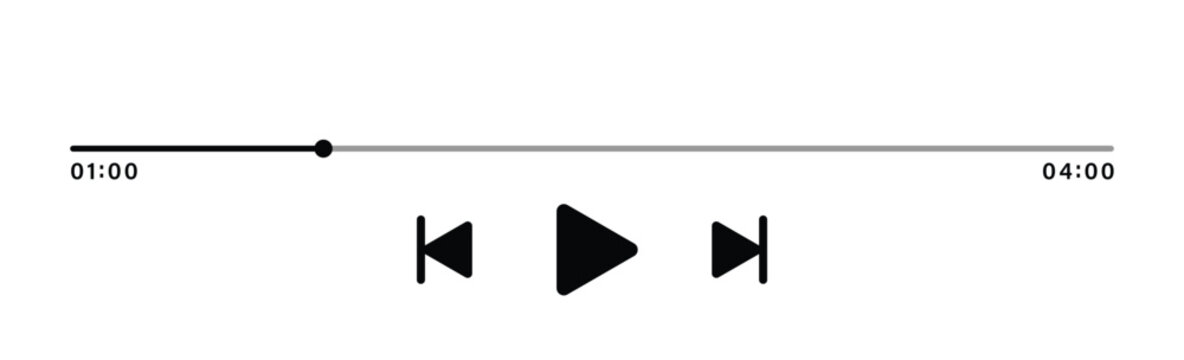 Minimalist Audio Media Player UI Interface Element Set, Black Play Next and Previous Navigation Icons with Timeline Progress Bar, Modern Music Control Bar Template