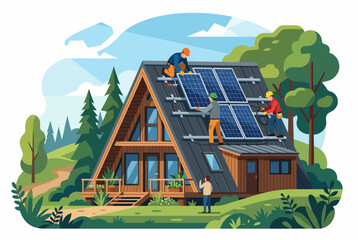 Solar Panel Installation on Eco Friendly A-Frame House © gudang