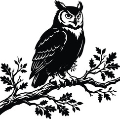 Fototapeta premium Great Horned Owl Perched on Oak Tree Branch Black and White Vector Illustration