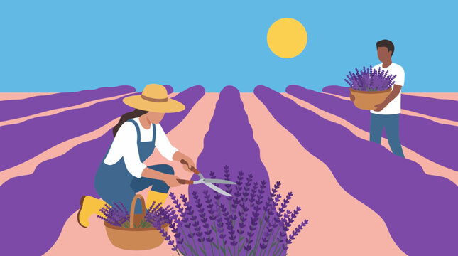 Lavender Field Being Harvested with Garden Shears