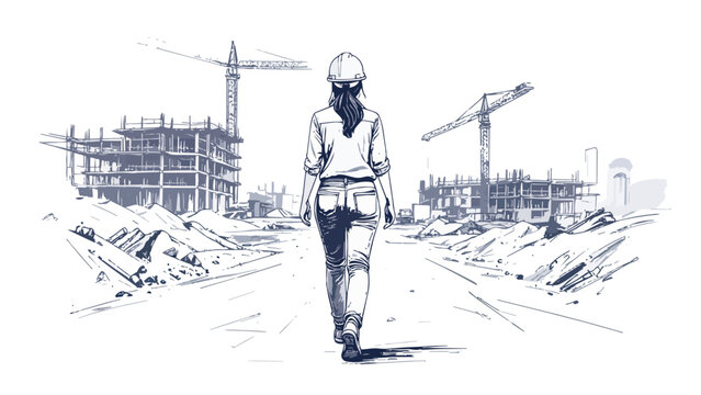 Female engineer walking along urban construction site