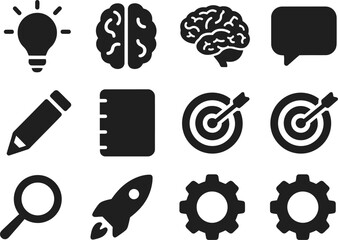 Set of black education and creativity icons with brain, light bulb and tools Vector © MstSonia