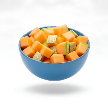 Diced Cantaloupe Melon Chunks with Rind in a Blue Bowl Isolated on White Background