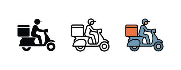 Delivery riders on scooters with boxes in different styles for various uses © Alex