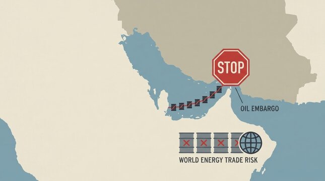 Illustration of oil embargo and world energy trade risk affecting a country map