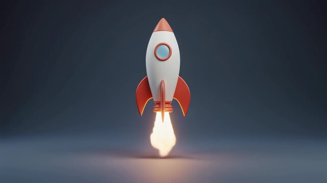 Stylized toy rocket launching with flame against dark gradient background, minimalist, 3d render, soft lighting.