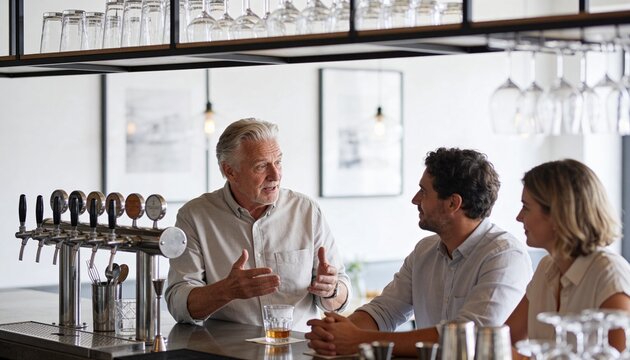 Senior man talking to a young couple at a bar. Older man gesturing while telling a story to friends in a pub. Social interaction and hospitality concept