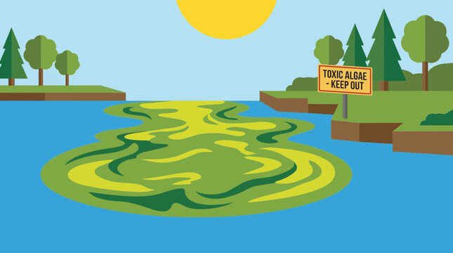 Toxic Algal Bloom Covering Lake Surface in Summer Heat