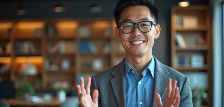Smiling Asian man in glasses wears suit jacket blue shirt in office. Person gestures with hands, looking at camera. Focus on face with blurred background bookshelf. Pro adult greeting.