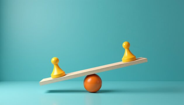 Yellow pawn pieces sit on a tilted wooden seesaw balanced on an orange sphere. One pawn is higher than the other, showing imbalance or a decision being made.