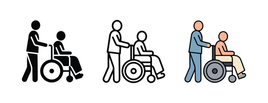 People helping people in wheelchairs icons set  accessibility and support for disabled persons