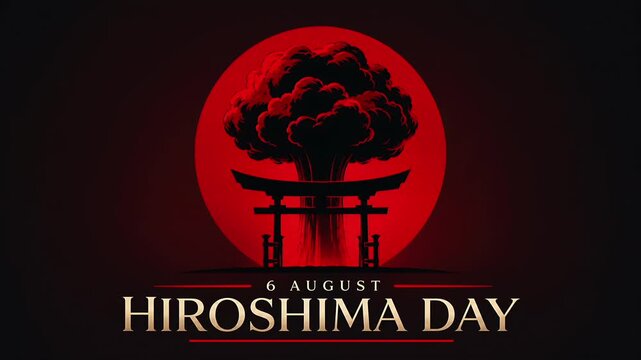 Hiroshima day remembrance background animation with torii gate and nuclear mushroom cloud silhouette
