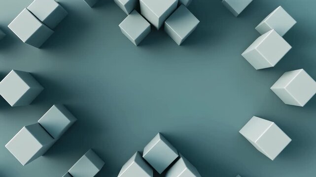 Aerial view of matte teal cubes arranged around edges, soft lighting and shadows, minimal abstract geometric composition