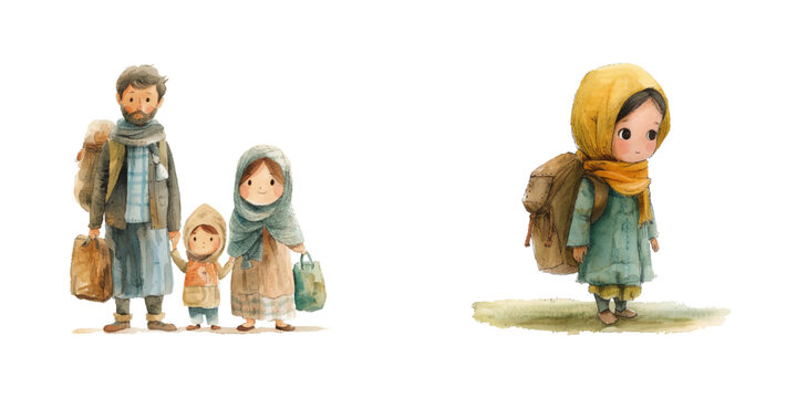 refugee watercolor vector illustration