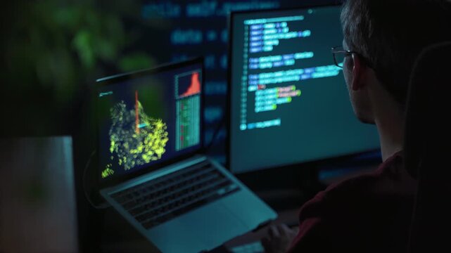 Over shoulder view, data scientist in glasses sits at a dark desk, surrounded by multiple monitors displaying programming scripts and graphs, working late at night on artificial intelligence project