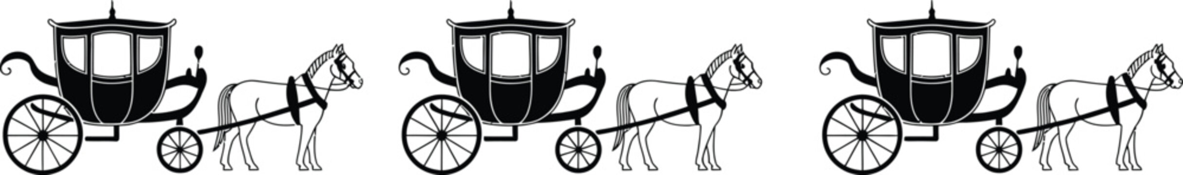 Horse drawn carriage silhouettes vector featuring traditional transport and vintage wagon designs.
