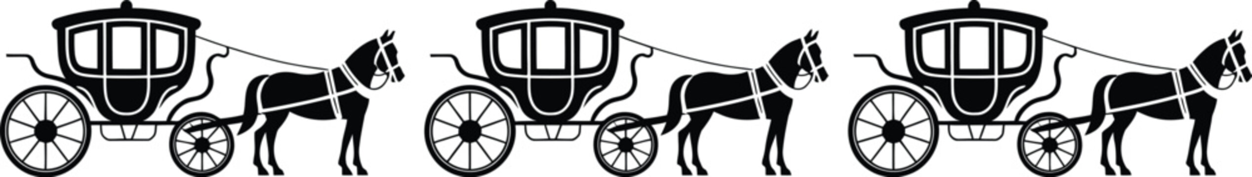 Horse drawn carriage silhouettes vector featuring traditional transport and vintage wagon designs.