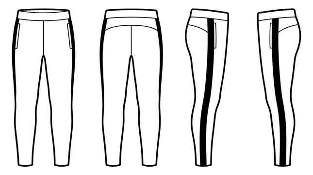 Side Stripe Slim Tracksuit Pants Template on Transparent Background. Front, Back, and Side Views, Vector EPS