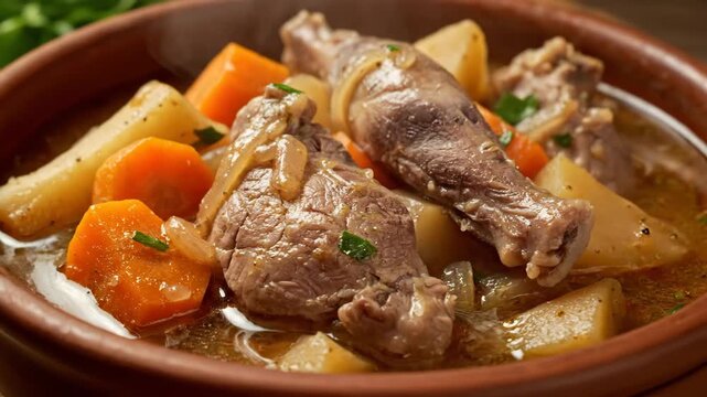 Close-up of rich and hearty traditional meat stew with carrots, potatoes, and savory gravy served in a rustic clay bowl