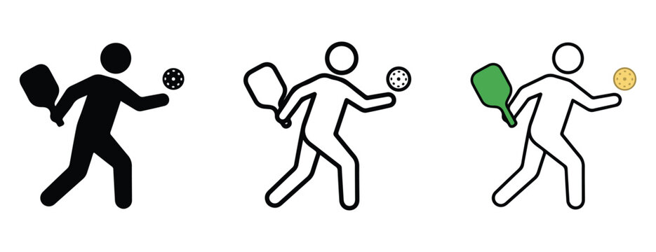 Stick figure illustrations of people playing pickleball with different colored paddles and balls